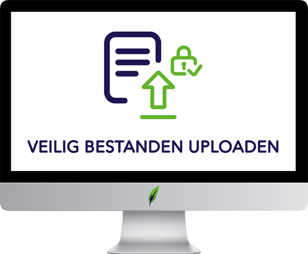 Computerscherm met logo bestanden uploaden - in donkerblauw en groen op transparante achtergrond - 600 * 496 pixels

